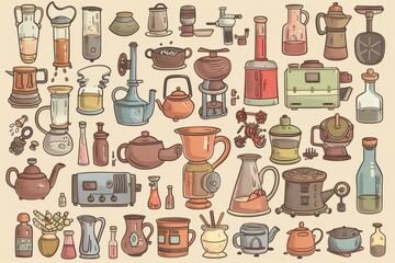 Cartoon cute doodles of industrial-themed ceramics, pottery, and glassware featuring unique designs inspired by machinery, factory production, Generative AI