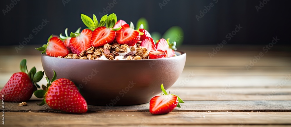 Poster a visually pleasing image of a healthy breakfast featuring sliced strawberries on a bed of granola w