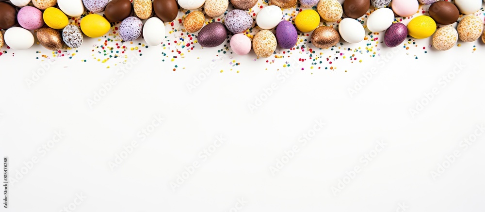 Fototapete A top down view of a white background with a flat lay arrangement of a colorful Easter frame made of eggs and a large chocolate egg There is empty space available for adding text. Creative banner