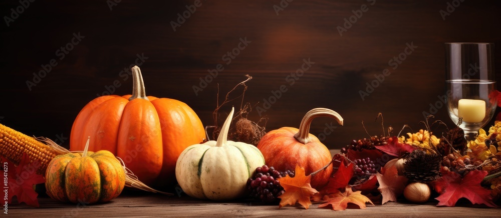 Poster festive autumn thanksgiving table with blank menu invite card and pumpkins providing a copy space im