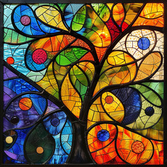 colorful stained glass tree, Wall painting home decor concept