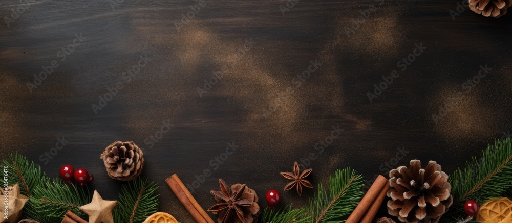 Poster Top view of a Christmas themed background featuring fir branches pine cones Christmas cookies cinnamon sticks and anise stars with ample copy space for additional content