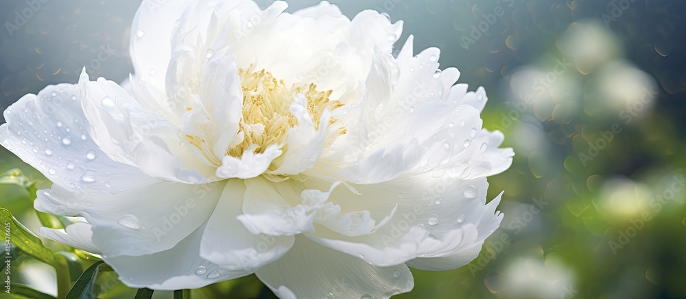 Poster fresh white peony flower blooming in the garden with dew laden petals creating a delicate floral bac
