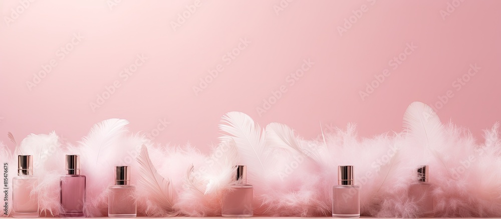 Poster A collection of spa skincare serums is displayed on a pink pastel backdrop along with a cream jar and ostrich feathers The top view provides a branding mock up with ample space for adding text or ima