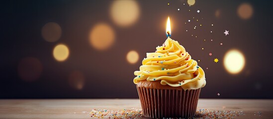 A cupcake with a lit candle meant for celebrating a birthday is depicted in the image. Creative banner. Copyspace image