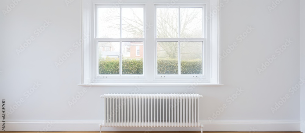 Aufkleber An empty light room at home showcases a white wall adorned with a plastic window and a radiator creating a copy space image