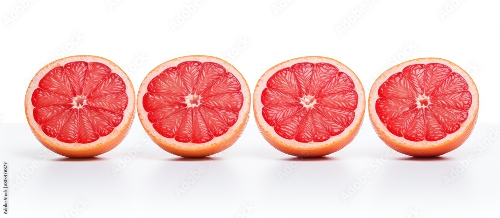 Poster a copy space image featuring four grapefruit halves adorned with cherries set against a white backgr