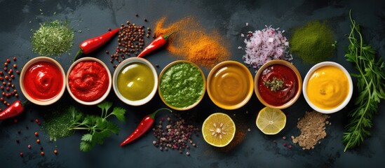 Top view image of bowls filled with various types of sauces accompanied by a selection of seasonings such as rosemary pepper thyme garlic lime lemon and cilantro Ample copy space is available