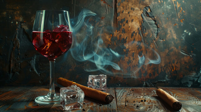 Red wine glass and ice cubes with burning cigar on wooden table, copy space for text