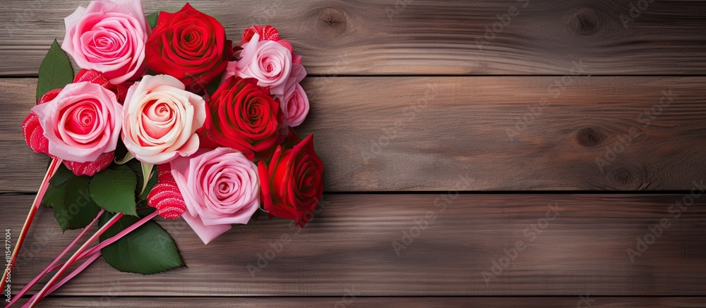 Poster a copy space image with a lollipop red and pink roses placed on a wooden background