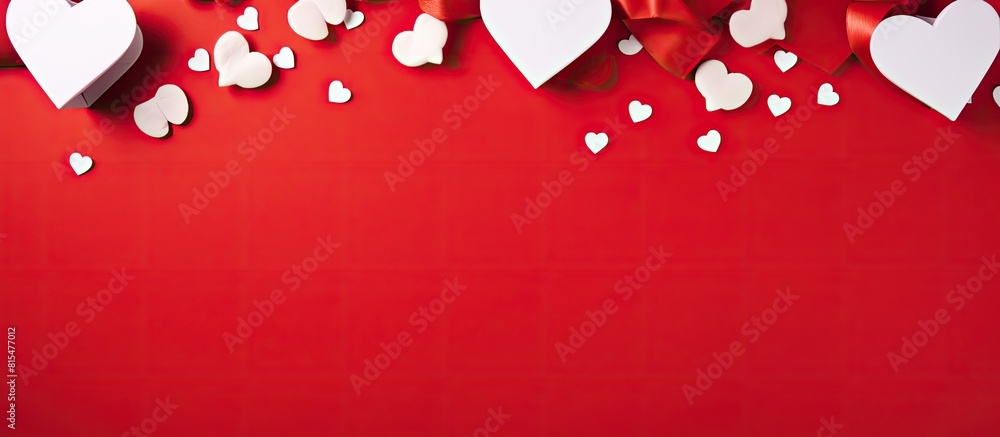 Poster A flat lay image showcasing a Valentine s Day square concept featuring white hearts scattered on a vibrant red background Suitable for copy space usage