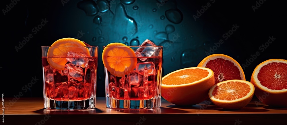 Poster a panoramic view of negroni cocktails featuring blood oranges with a designated space available for 