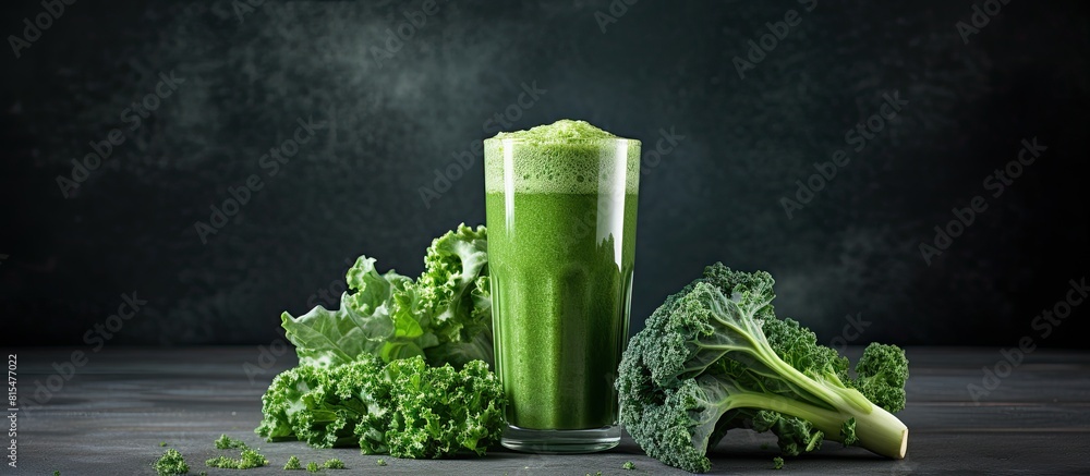 Poster A visually pleasing arrangement featuring a kale smoothie on a grey table designed with ample empty space for text or other elements
