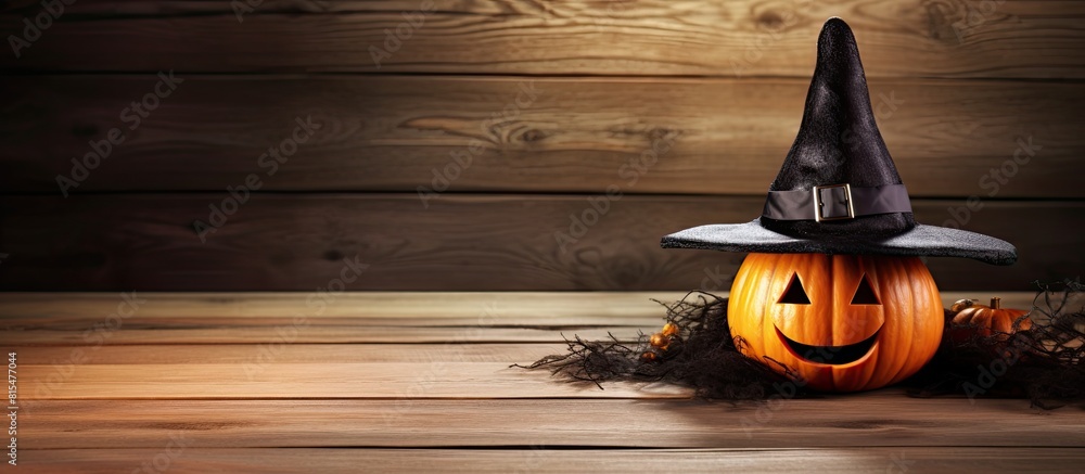 Poster A wooden surface features a Halloween pumpkin jack o lantern adorned with a witch hat creating a visually appealing image with plenty of copy space