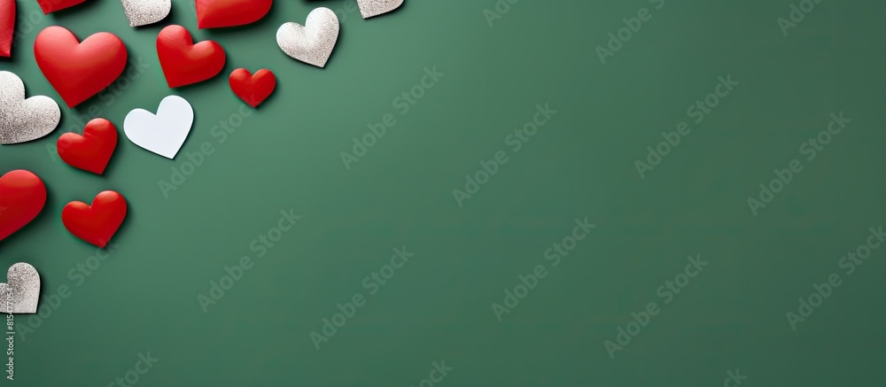 Leinwandbilder Top view of a green background adorned with red and white hearts creating a delightful Valentine s Day scene The image features a flat lay composition with an empty space for text or other elements
