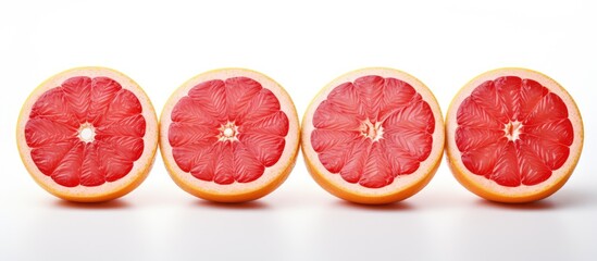 A copy space image featuring four grapefruit halves adorned with cherries set against a white background