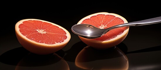 There is a copy space image of two grapefruit halves alongside two spoons