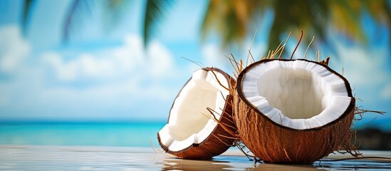 A tropical food background with a vibrant image of a coconut. Creative banner. Copyspace image