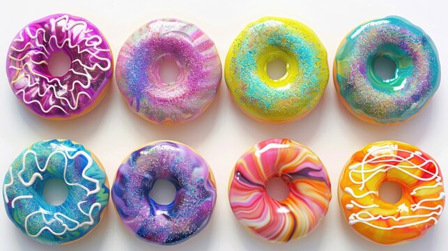 Vibrant donuts showcasing a variety of tempting colors Intricate food designs inspired by the mesmerizing patterns of donuts