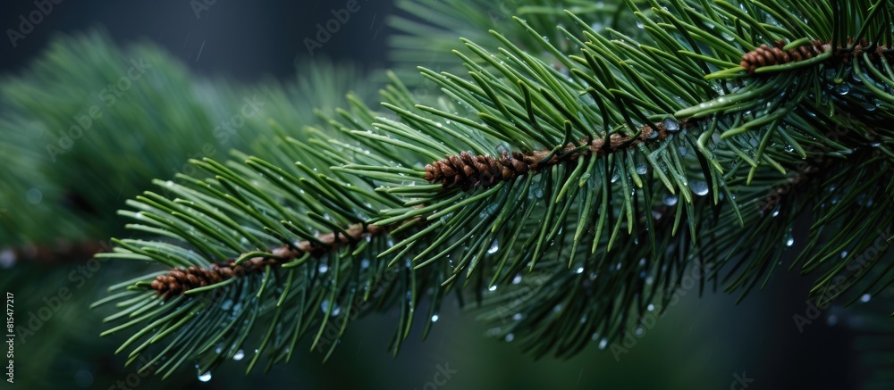 Aufkleber a pine tree with dew covered leaves and small cones on its branches creates an abstract nature backg