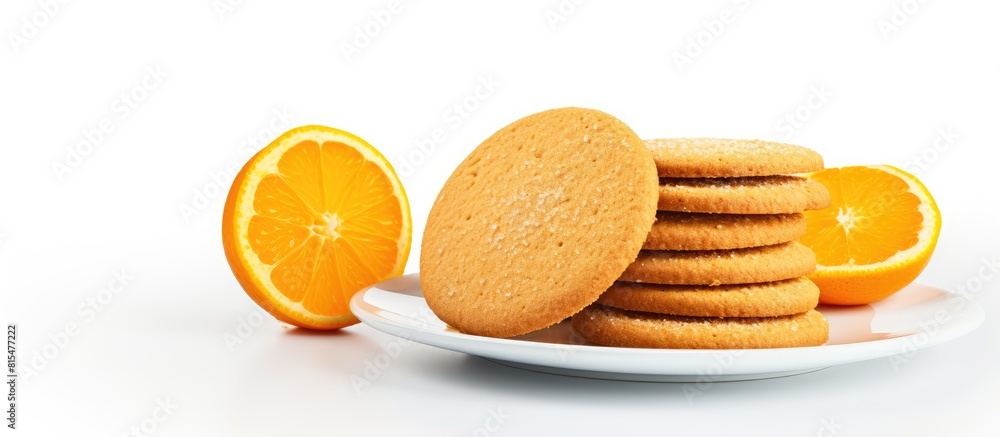 Poster a copy space image shows homemade orange cookies on a white background with a template available for