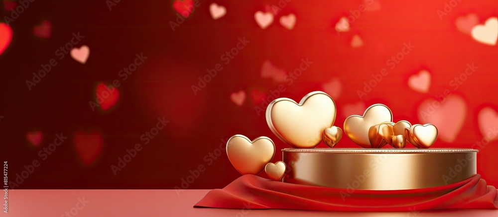 Aufkleber a bright red background with a red podium holds two golden hearts creating a valentine s day celebra