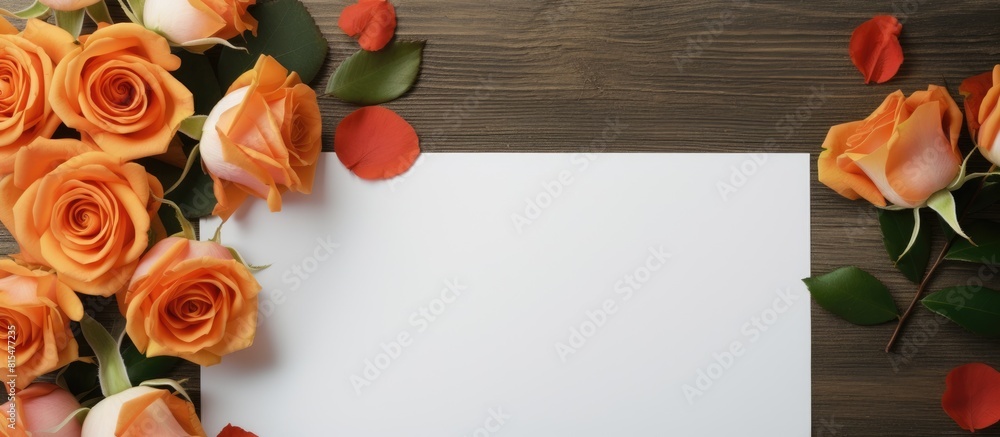 Aufkleber The homemade flat lay on the table features a creative mock up layout adorned with roses There is copy space available and an empty sheet of paper accompanied by a mockup card and an orange rose