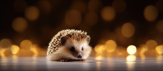 A golden hedgehog is seen on a table creating an aesthetic and eye catching copy space image