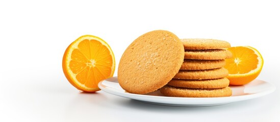A copy space image shows homemade orange cookies on a white background with a template available for text