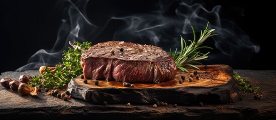 A flavorful beef steak seasoned with aromatic herbs and spices rests upon a rustic cutting board set against a backdrop of rugged stone creating a captivating copy space image