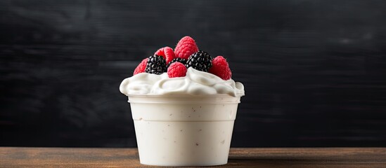 A low fat yogurt is showcased in a plastic cup placed on top of a blackboard This copy space image presents a healthy and delicious dairy treat