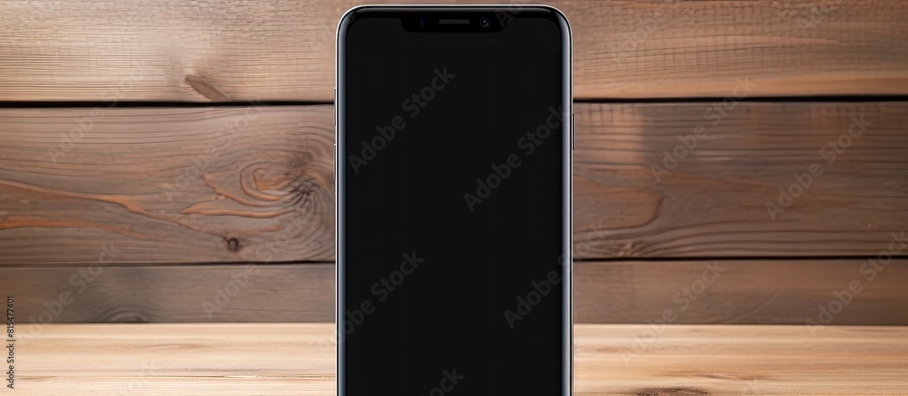 Aufkleber a black smartphone sits on a wooden table with ample copy space for images