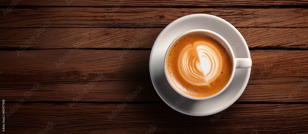 Poster An espresso shot with a layer of coffee crema is shown from a bird s eye view set against a wooden table backdrop that offers ample blank space for additional content