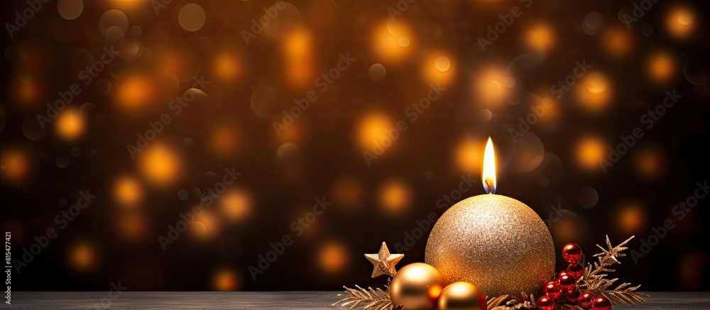 Poster a luminous christmas tree serves as the backdrop for a burning candle and festive christmas decorati