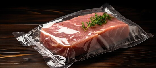 A vacuum sealed pack of pork fillet is displayed on an old wooden table with a dark background offering copy space for text