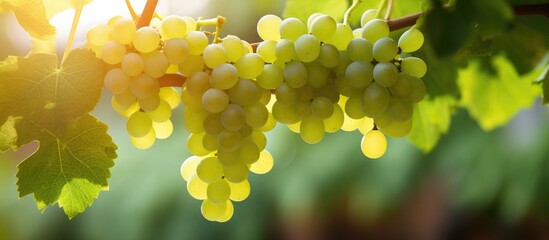 A cluster of white wine grapes dangle from a vine offering a close up view with ample copy space for customization