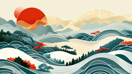 A modern abstract landscape with a Japanese wave pattern.  