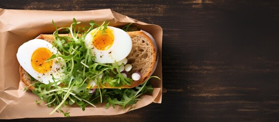 A take away concept of a toast with cream cheese arugula salad and boiled egg in a recyclable paper bag captured from an aerial view with ample copy space image