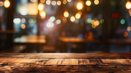 Empty wooden table and blurred background of abstract in front of restaurant or coffee shop for display of product or for montage : Generative AI