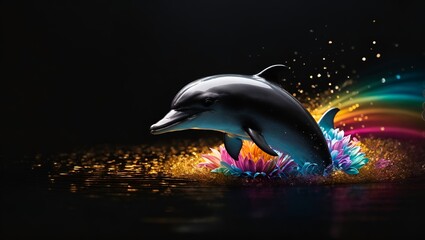 Vectoritize a ((simple 3d minimalistic logo)), featuring dolphin well lit flower electromagnetic...