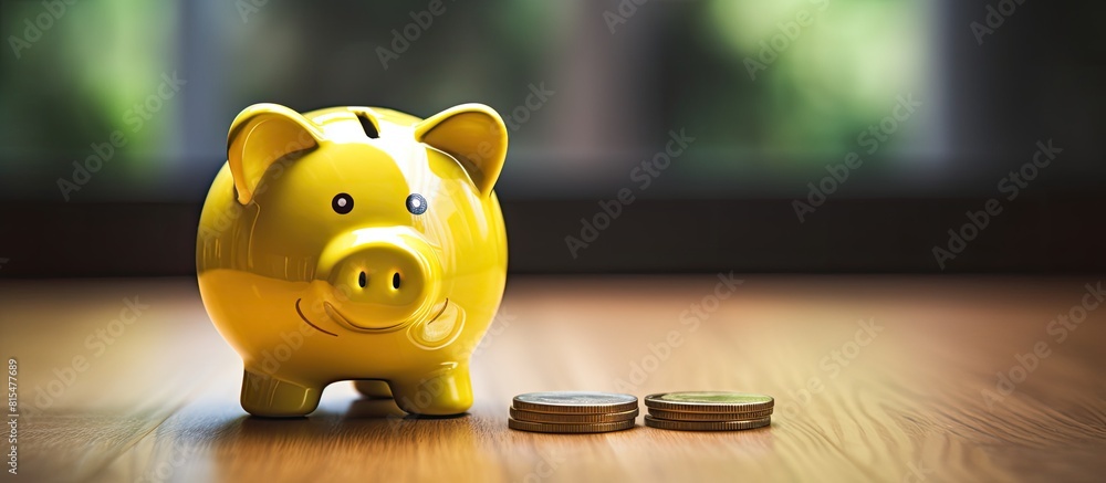Aufkleber A coin being placed in a piggy bank on a table representing the idea of saving money Copy space image