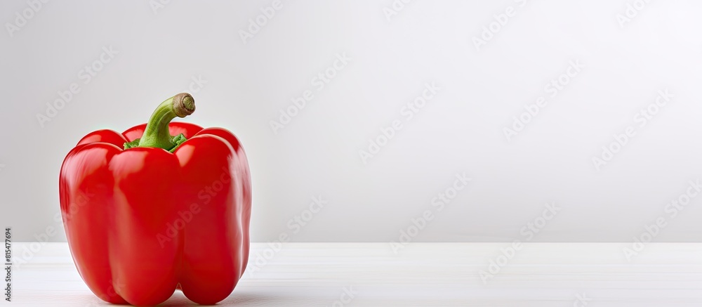 Poster a red bell pepper stands alone on a plain white background offering ample copy space for text