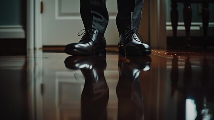 Obraz premium Groom preparing wearing socks and classy black shoes captured in mirror reflection Close up of groom donning his stylish grey leather shoes Groom s feet adorned with wedding footwear