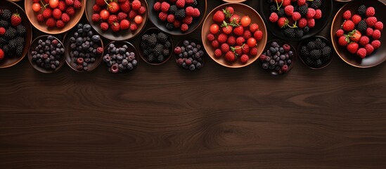 Berries arranged on round plates with a brown wooden backdrop The image includes copy space and is captured from a flat top view