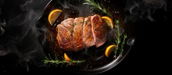 A top down view of a raw duck fillet cooking in a pan on a dark background with a copy space image for culinary and baking concepts