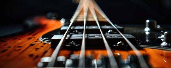 Close-up image of an electric bass guitar with focus on the strings, pickups, and volume knob on a wooden textured background.