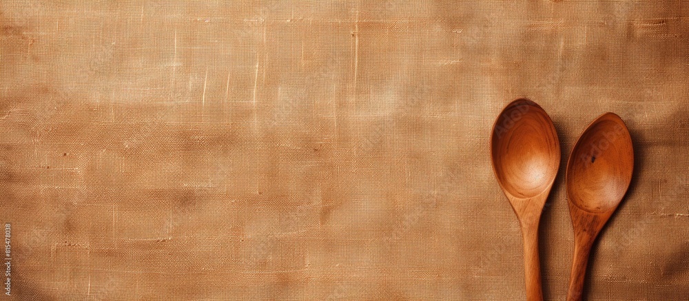Poster Top view of a copy space image featuring a wooden spoon and fork placed on a background of sackcloth