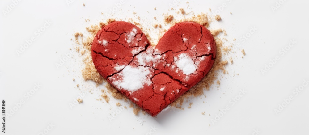 Poster valentine s day cookie shaped like a broken heart on a white background with a blank space for text 
