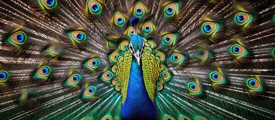Fototapeta premium A stunningly colored African peacock is portrayed with its feathers displayed in a close up view creating a captivating and beautiful image. Creative banner. Copyspace image