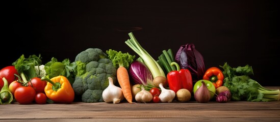 A copy space image featuring vibrant fresh vegetables arranged on a rustic wooden table